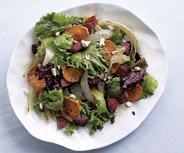 Sweet potato, ham, and goat cheese salad