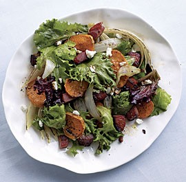 Sweet potato, ham, and goat cheese salad