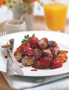Sweet potato hash browns with sausages and sweet chilli tomatoes
