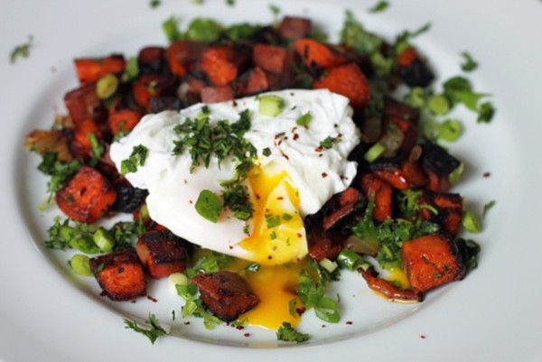 Sweet potato hash with Aleppo pepper and poached egg