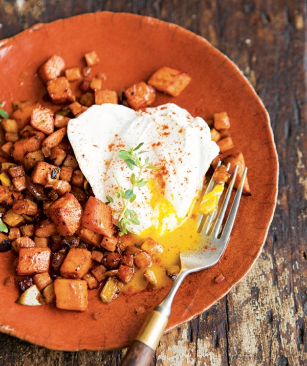 Sweet potato hash with poached eggs