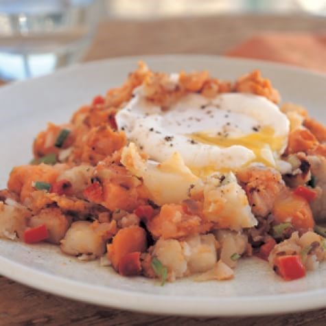 Sweet potato hash with poached eggs
