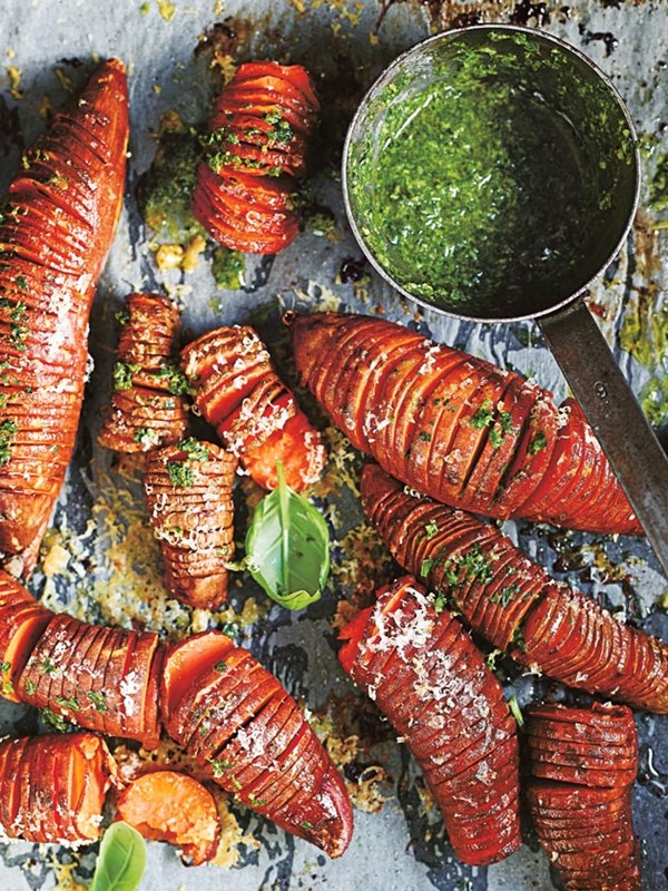 Sweet potato hasselbacks with basil salsa verde