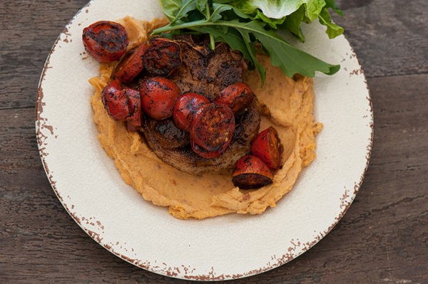 Sweet potato hummus & lamb cutlets
