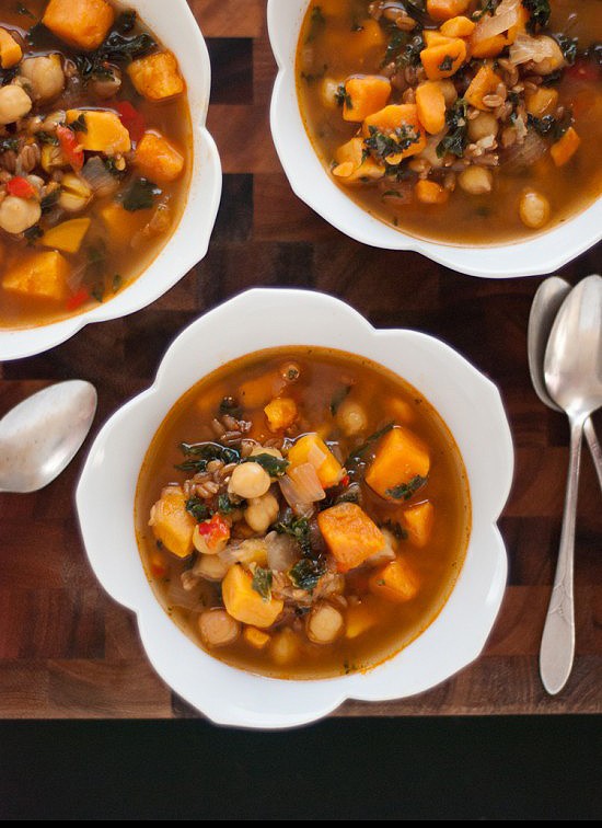Sweet potato, kale and chickpea soup