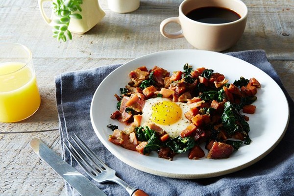 Sweet potato, kale, and country ham hash with maple red-eye gravy