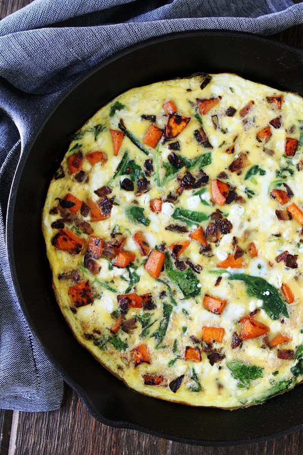 Sweet potato, kale, and goat cheese frittata