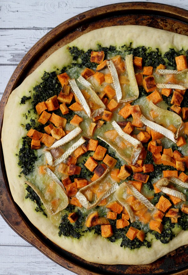 Sweet potato, kale pesto, and Brie pizza