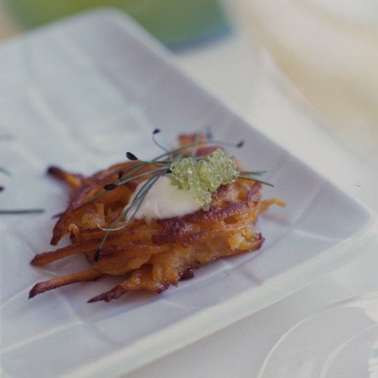 Sweet potato latkes with wasabi and wasabi tobiko