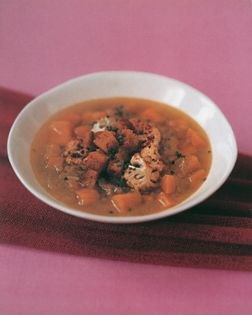 Sweet potato, leek, cumin, saffron and cauliflower soup