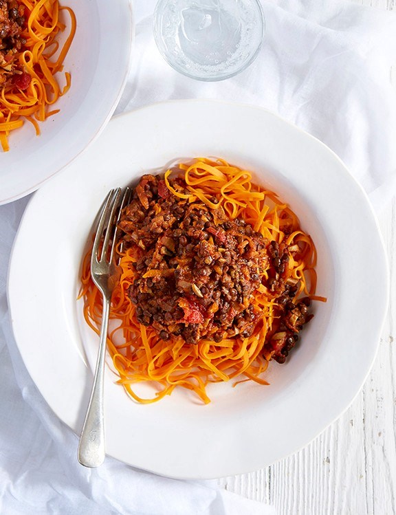 Sweet potato linguine with Puy lentil ragú