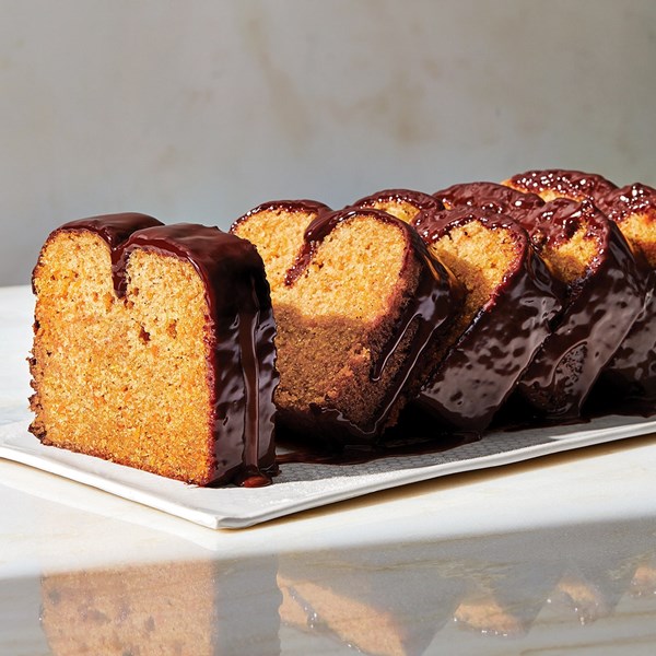Sweet potato loaf cake with dark chocolate ganache