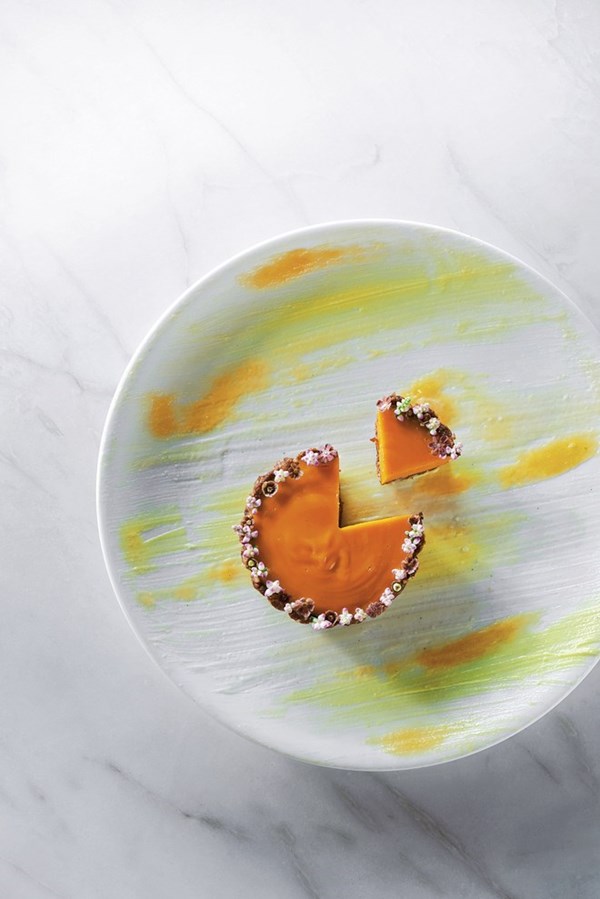 Sweet potato maple tart, pistachio and pepita crust, sous-vide sweet potatoes, chocolate sauce, ginger cream, sweet potato vanilla