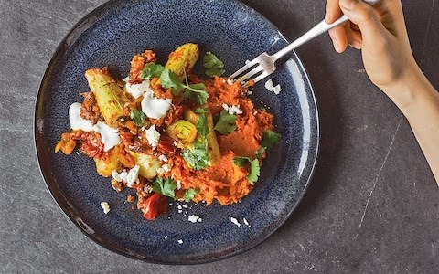Sweet potato mash with  chipotle roasted leeks