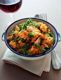 Sweet potato mash with green cabbage & parsnips
