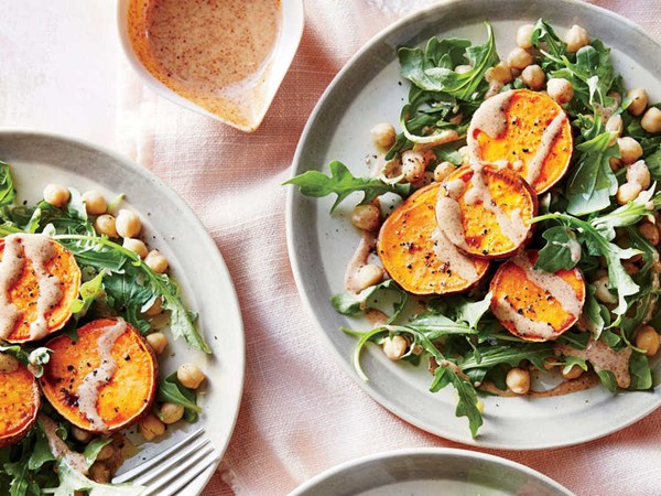 Sweet potato medallions with almond sauce and chickpea salad