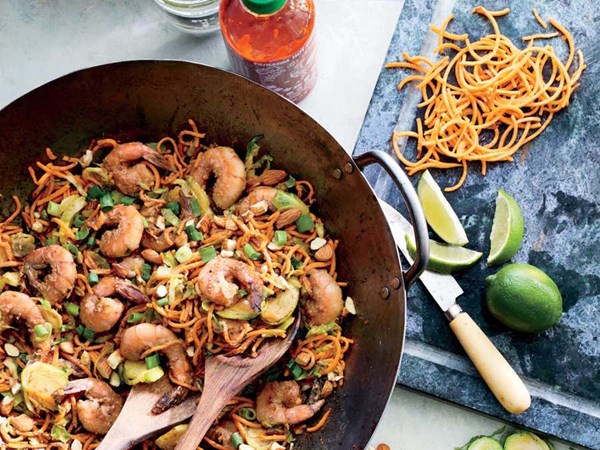 Sweet potato noodles with shrimp and Thai-style almond sauce