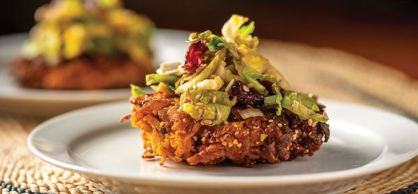 Sweet potato pancakes with Asian Brussels sprouts slaw