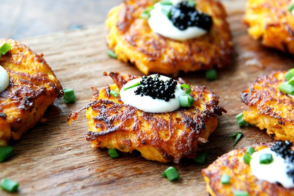 Sweet potato pancakes with caviar and crème fraîche