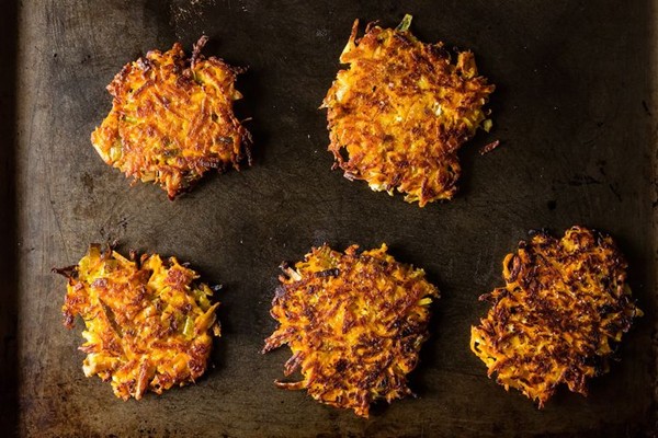 Sweet potato parsnip latkes with feta and leeks