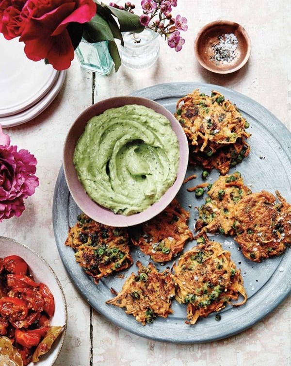 Sweet potato, pea & mint fritters 