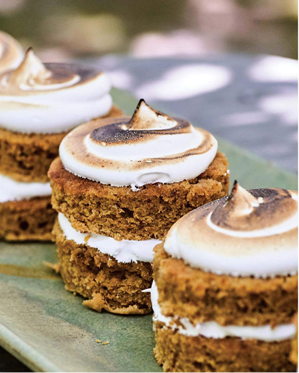 Sweet potato-pecan cakes with marshmallow cream-rum syrup