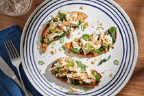 Sweet potato planks with chicken, spinach and peanut sauce
