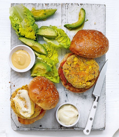 Sweet potato, polenta and sweetcorn veggie burgers