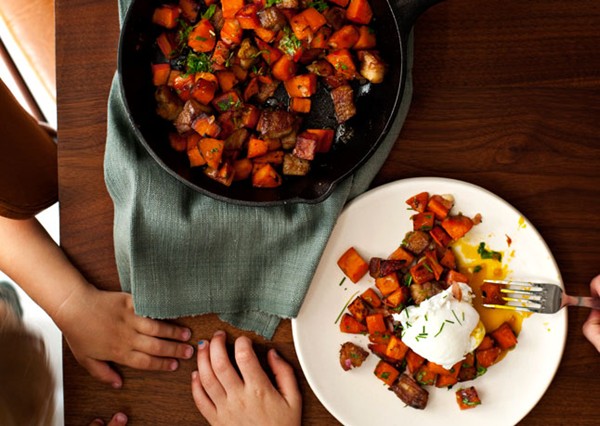 Sweet potato-pork belly hash
