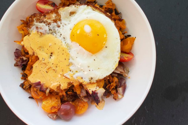 Sweet potato, radicchio & tomato hash with harissa Hollandaise