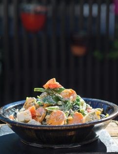 Sweet potato, red pepper, pine nut and feta salad