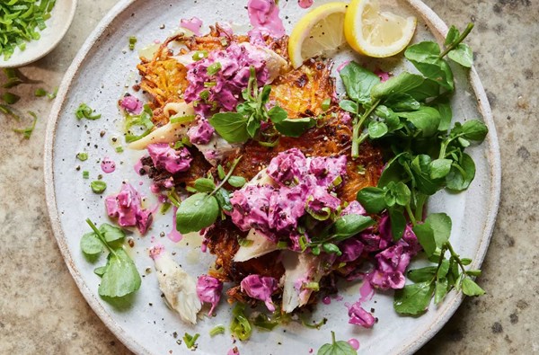 Sweet potato röstis & smoked mackerel