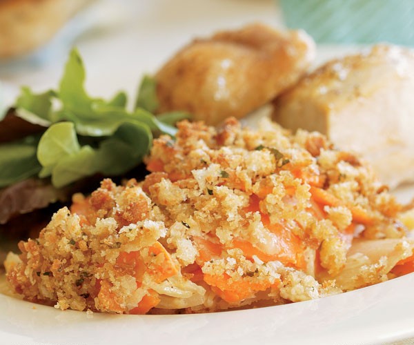 Sweet potato-russet potato gratin with horseradish and a Dijon crust