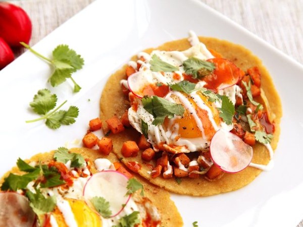 Sweet potato, sage, and fried egg tacos