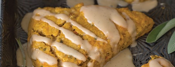 Sweet potato-sage scones with vanilla bean maple glaze