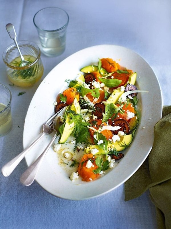 Sweet potato salad with avocado, feta & pickled green walnuts