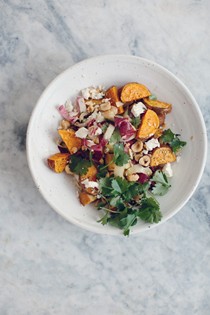 Sweet potato salad with garlic bread and frisée