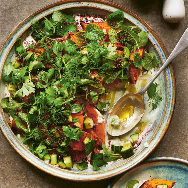Sweet potato salad with loads of herbs and pink peppercorns