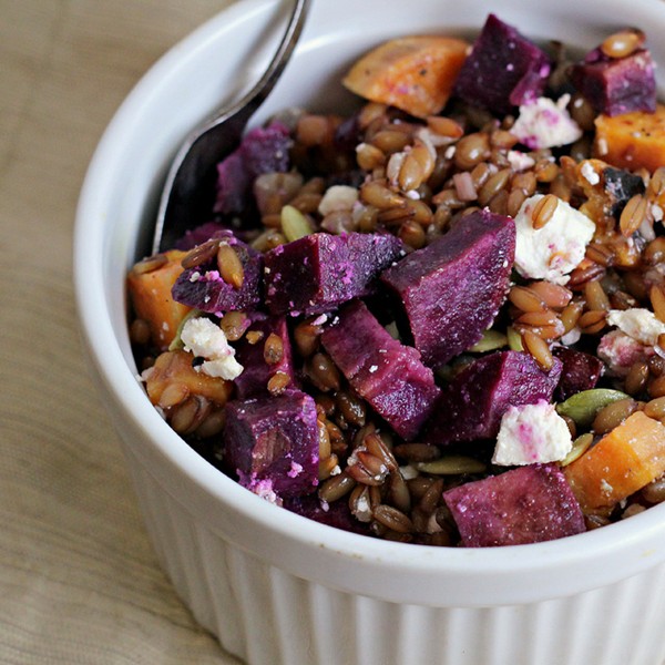 Sweet potato salad with rye berries, pepitas and ricotta salata