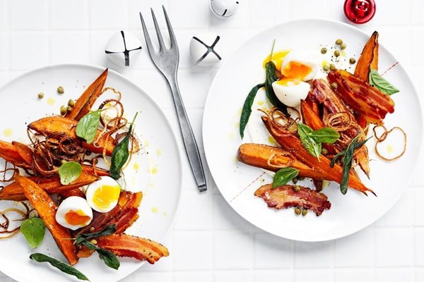 Sweet potato salad with sage, speck and horseradish