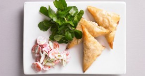 Sweet potato samosas with tomato raita