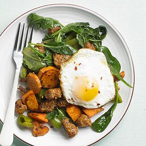 Sweet potato, sausage, and green pepper hash