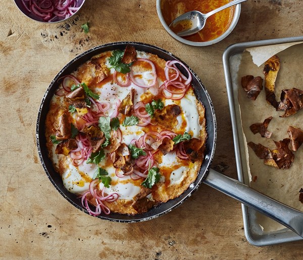 Sweet potato shakshuka with Sriracha butter and pickled onions
