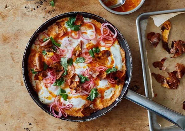 Sweet potato shakshuka with Sriracha butter and pickled onions