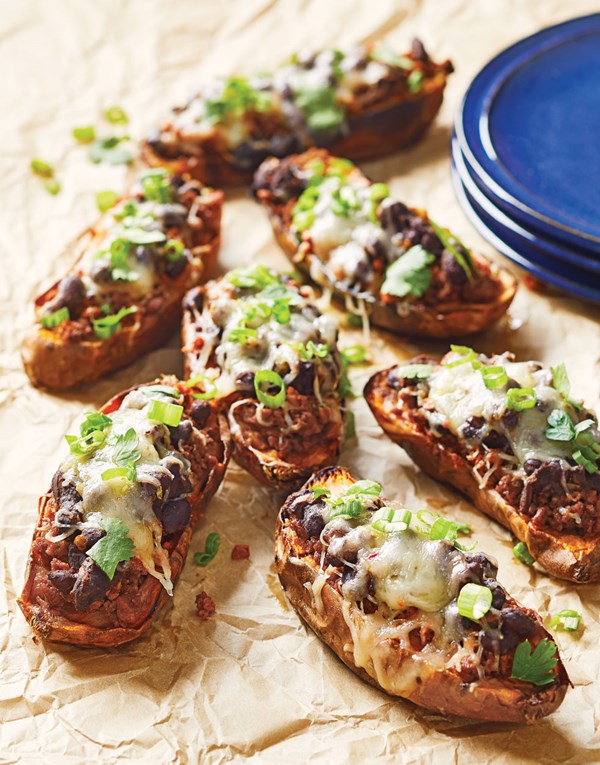 Sweet potato skins with soy chorizo & black beans 