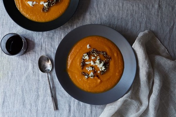 Sweet potato soup with feta and za'atar oil 
