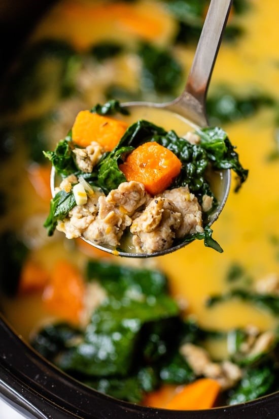 Sweet potato soup with sausage and kale