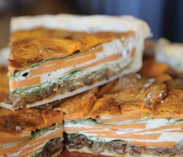 Sweet potato, spinach and caramelised onion quiche