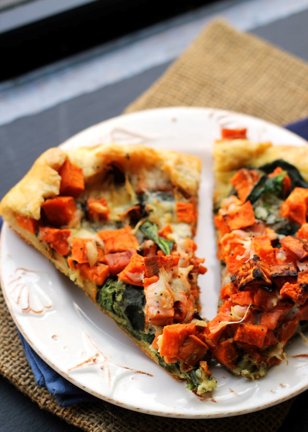 Sweet potato, spinach, and cheddar galette