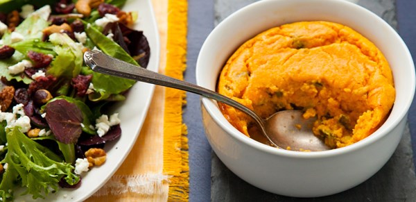 Sweet potato spoonbread with smoked Gouda and poblano
